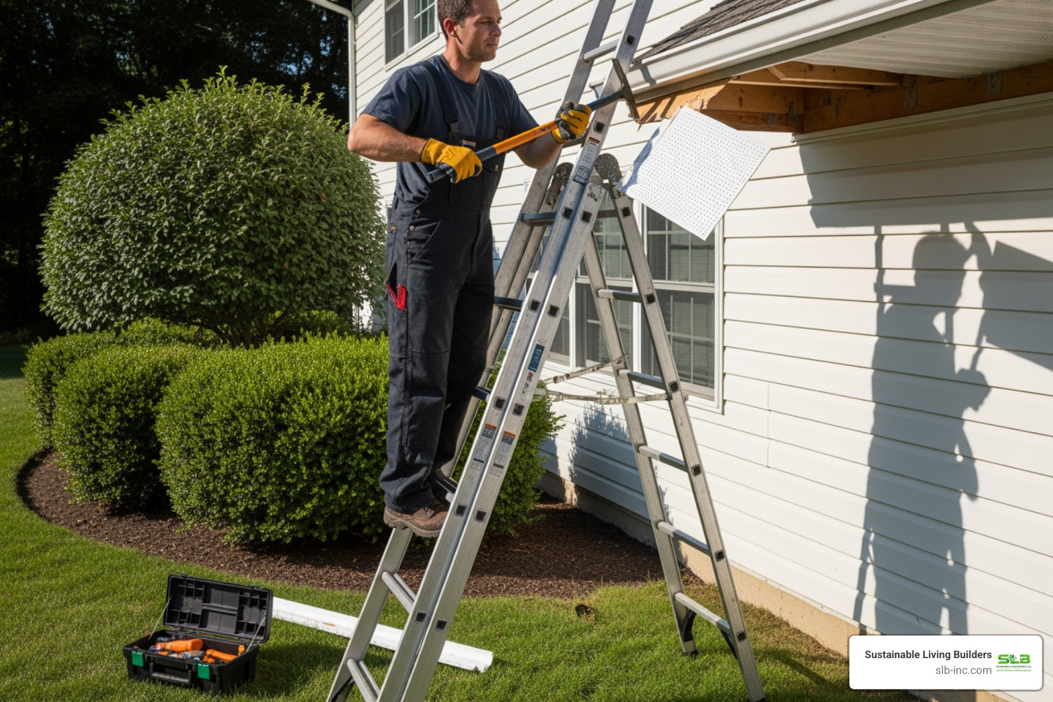 A homeowner carefully removing a soffit panel with a pry bar - installing attic baffles from outside