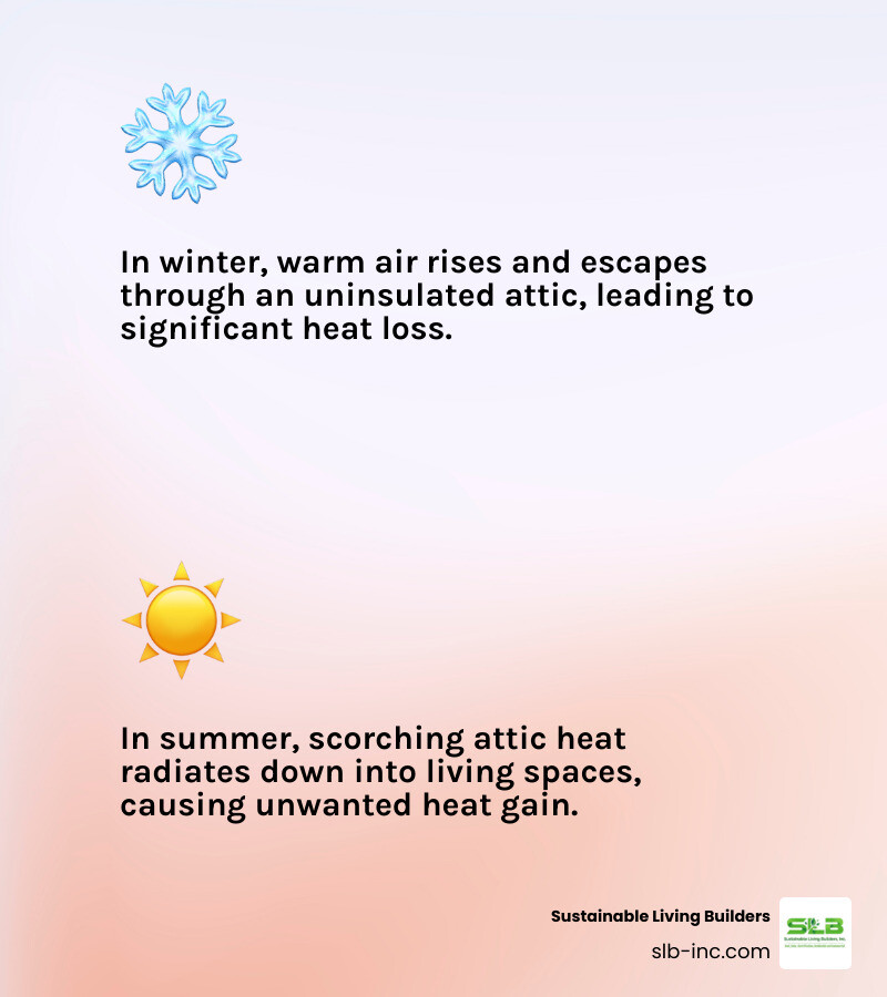 Infographic showing heat loss through uninsulated attic in winter with warm air rising and escaping through roof, and heat gain in summer with hot air radiating down through ceiling into living space, with arrows indicating direction of heat transfer and labels for insulation barrier - best attic insulation infographic 2_facts_emoji_light-gradient Infographic showing heat loss through uninsulated attic in winter with warm air rising and escaping through roof, and heat gain in summer with hot air radiating down through ceiling into living space, with arrows indicating direction of heat transfer and labels for insulation barrier - best attic insulation infographic 2_facts_emoji_light-gradient