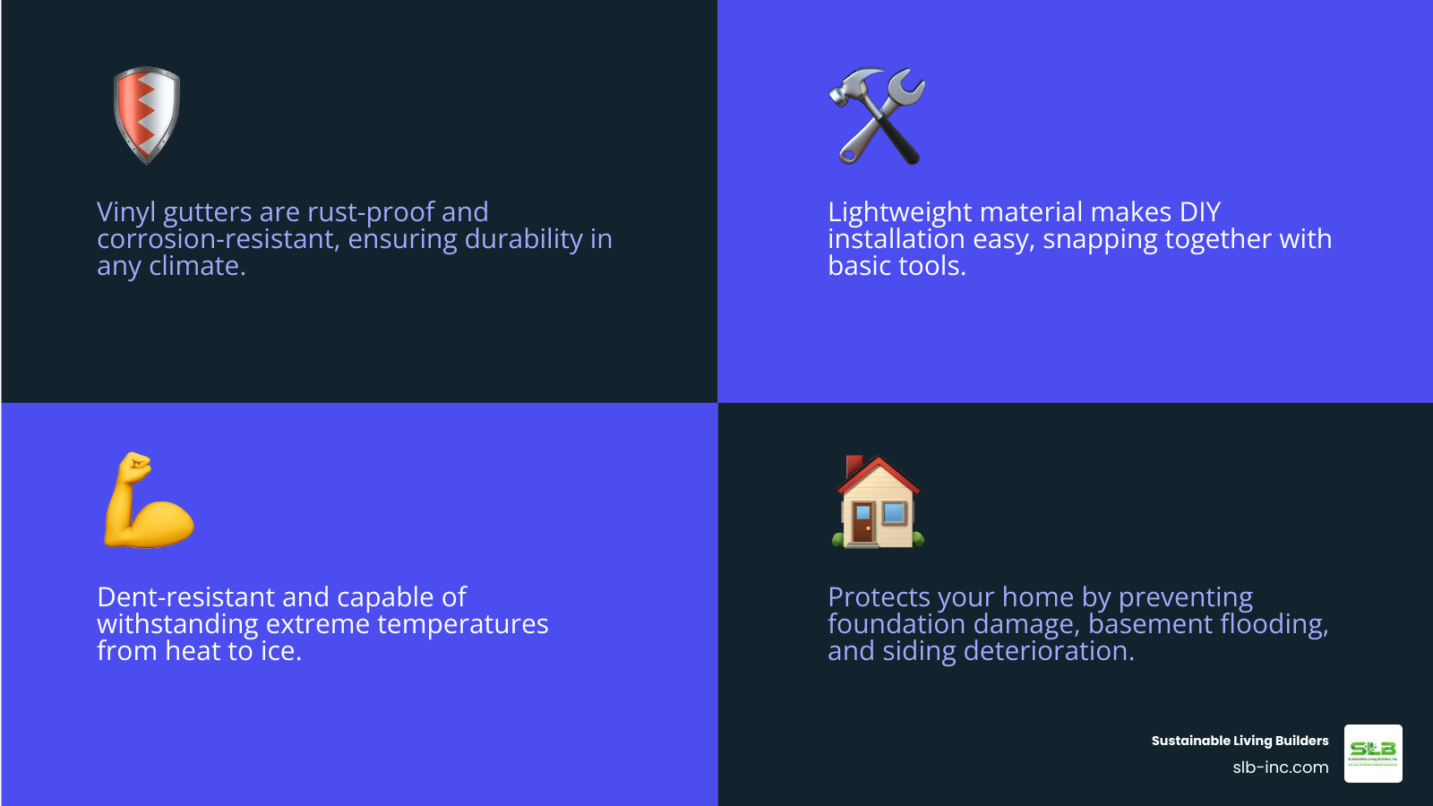 Infographic showing vinyl gutter benefits including rust-proof construction, easy snap-together installation, lightweight handling, and protection against foundation damage, basement flooding, and siding deterioration - vinyl gutter installation infographic 4_facts_emoji_blue