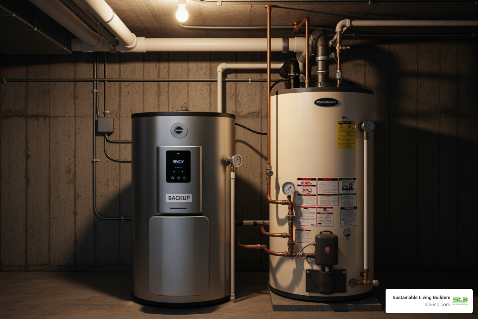 Diagram showing two plumbing configurations for water heaters: one in series where the output of the first feeds the input of the second, and one in parallel where both heaters are independently connected to the main water lines - backup hot water heater Diagram showing two plumbing configurations for water heaters: one in series where the output of the first feeds the input of the second, and one in parallel where both heaters are independently connected to the main water lines - backup hot water heater