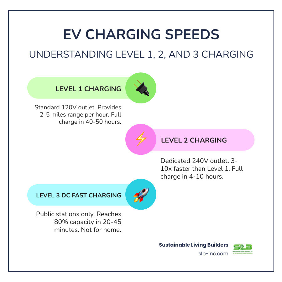 Infographic showing three levels of EV charging: Level 1 with standard 120V outlet providing 2-5 miles per hour over 40-50 hours for full charge, Level 2 with 240V outlet providing 3-10x faster charging completing in 4-10 hours, and Level 3 DC Fast Charging reaching 80% capacity in 20-45 minutes at public stations - can an ev charger be installed inside a garage infographic infographic-line-3-steps-colors Infographic showing three levels of EV charging: Level 1 with standard 120V outlet providing 2-5 miles per hour over 40-50 hours for full charge, Level 2 with 240V outlet providing 3-10x faster charging completing in 4-10 hours, and Level 3 DC Fast Charging reaching 80% capacity in 20-45 minutes at public stations - can an ev charger be installed inside a garage infographic infographic-line-3-steps-colors