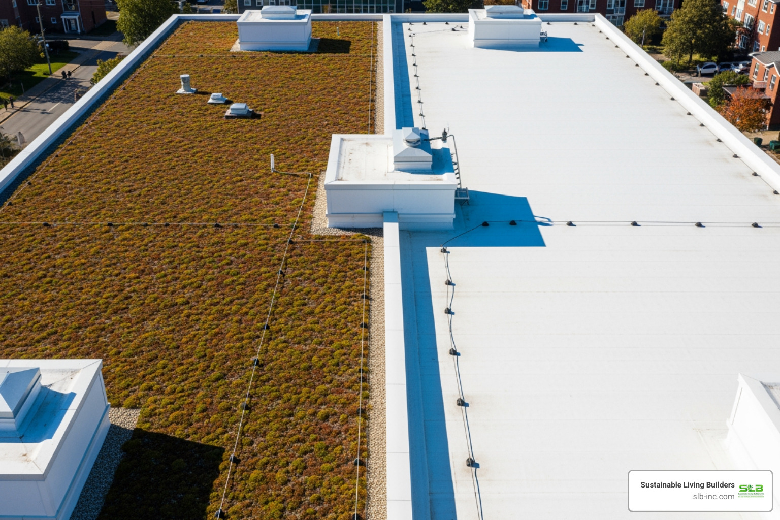 split-view roof, half green and half white cool roof - sustainable flat roof