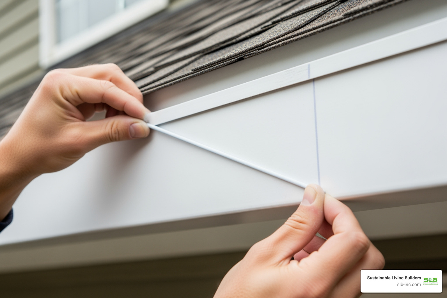 marking the proper gutter slope with a chalk line on a fascia board - vinyl gutter installation
