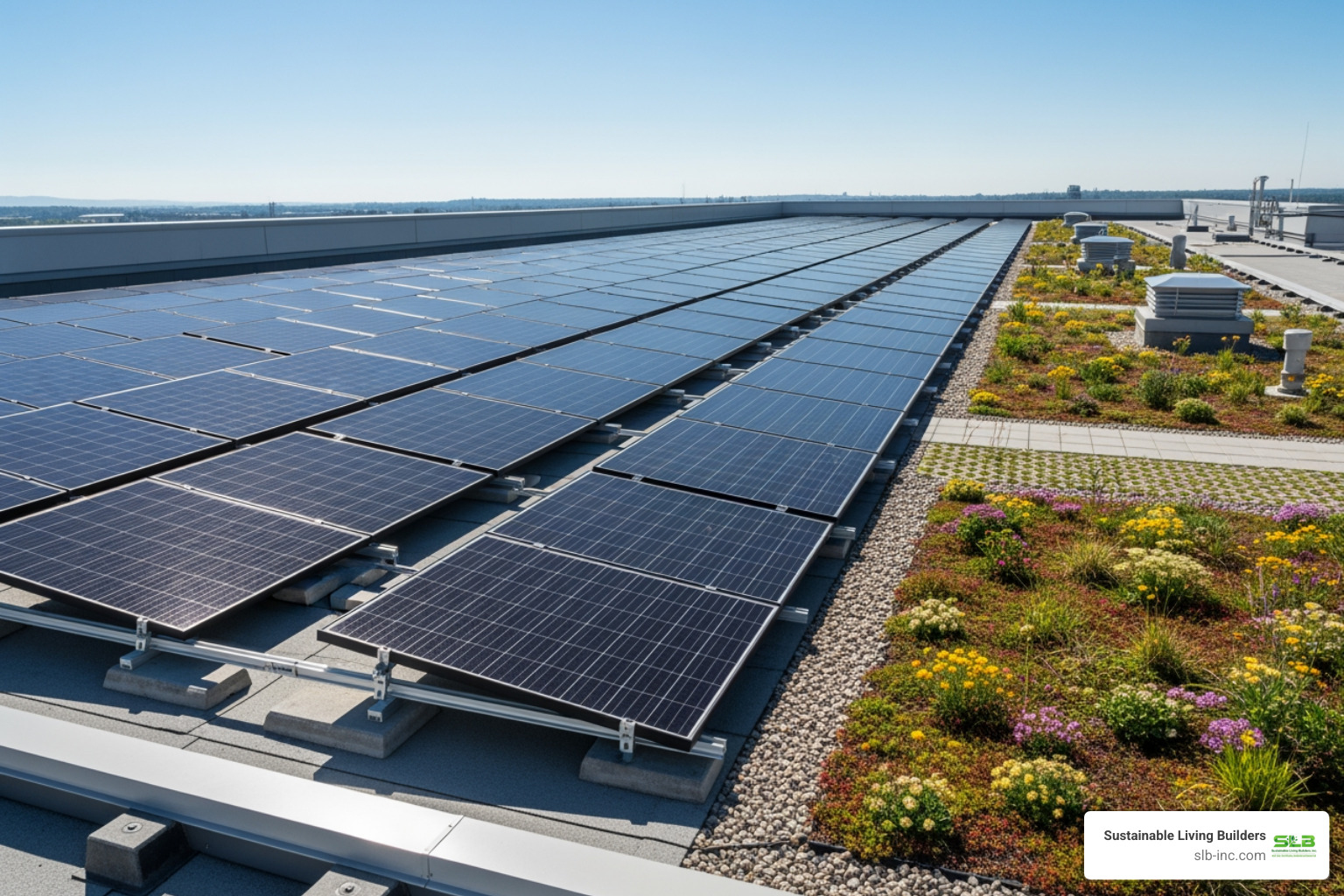solar panels installed on a flat roof next to a small green roof section - sustainable flat roof