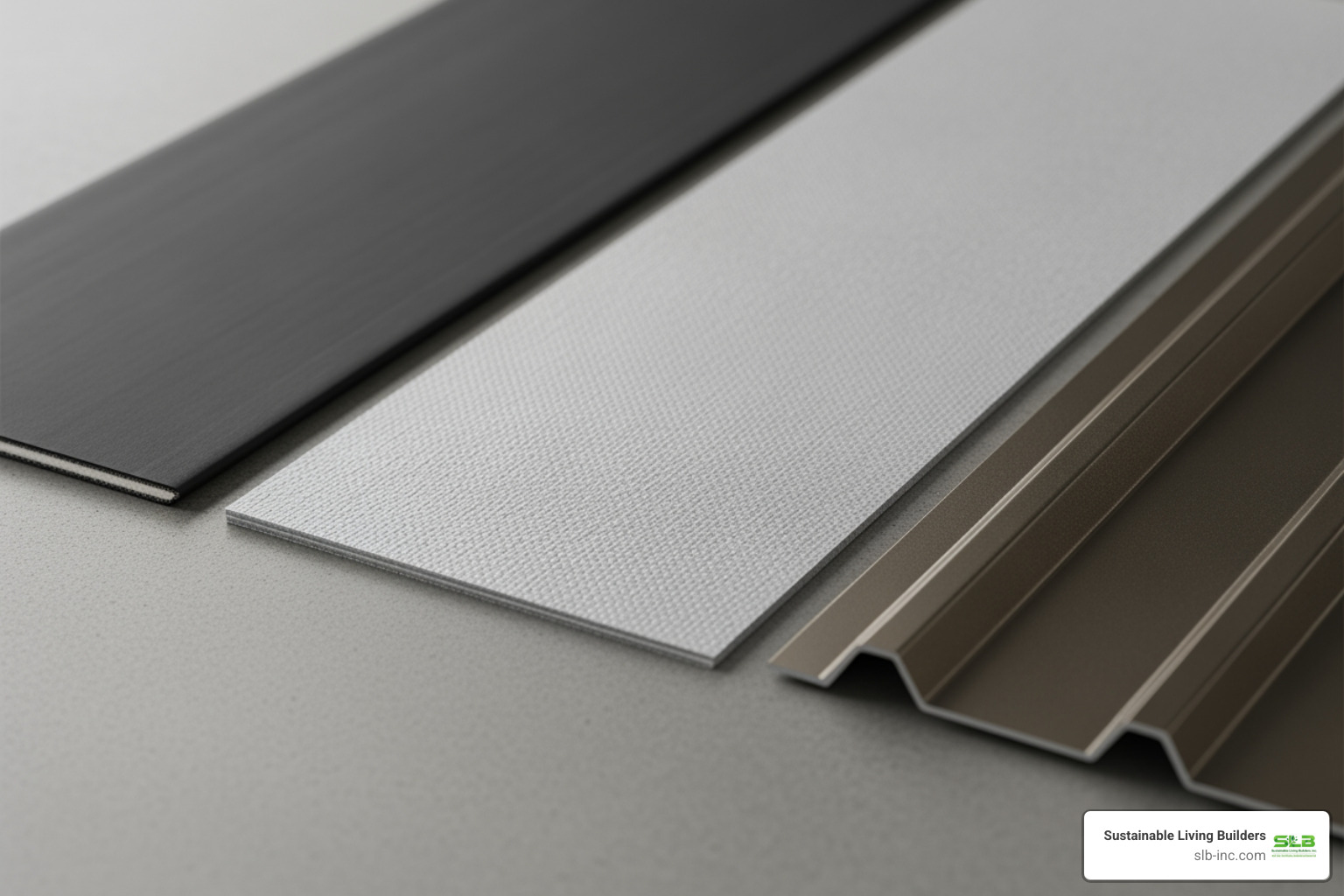 material swatches for EPDM, TPO, and metal roofing side-by-side - sustainable flat roof