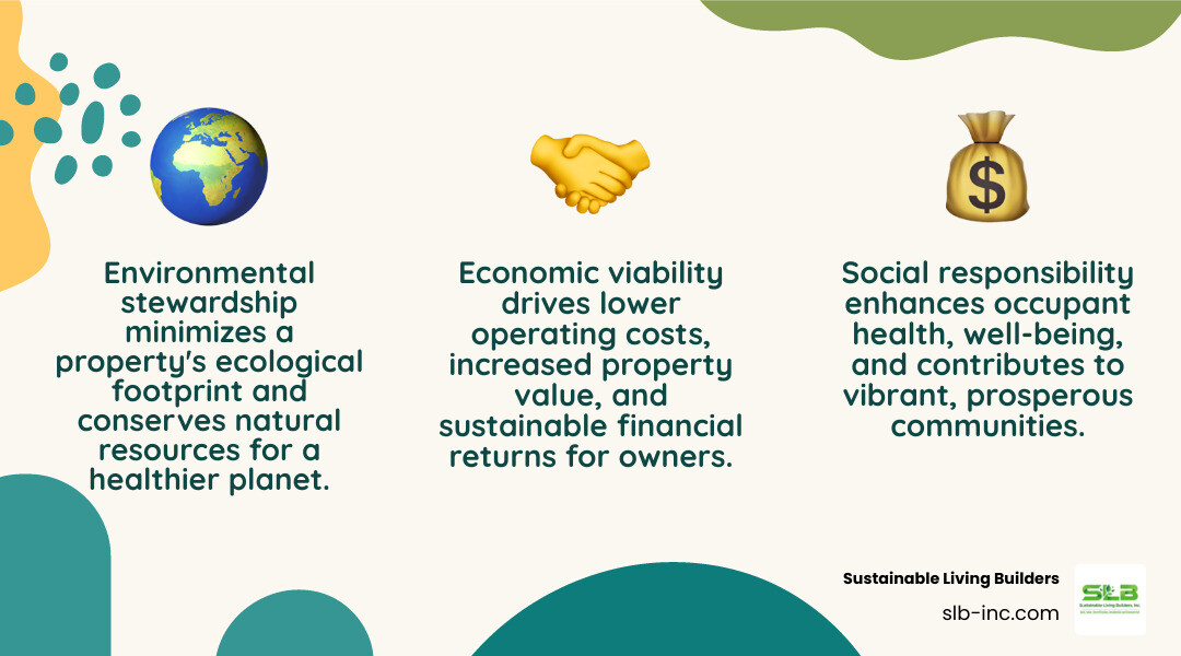 infographic explaining the three pillars of sustainable property solutions: Environmental, Social, and Economic - sustainable property solutions infographic 3_facts_emoji_nature