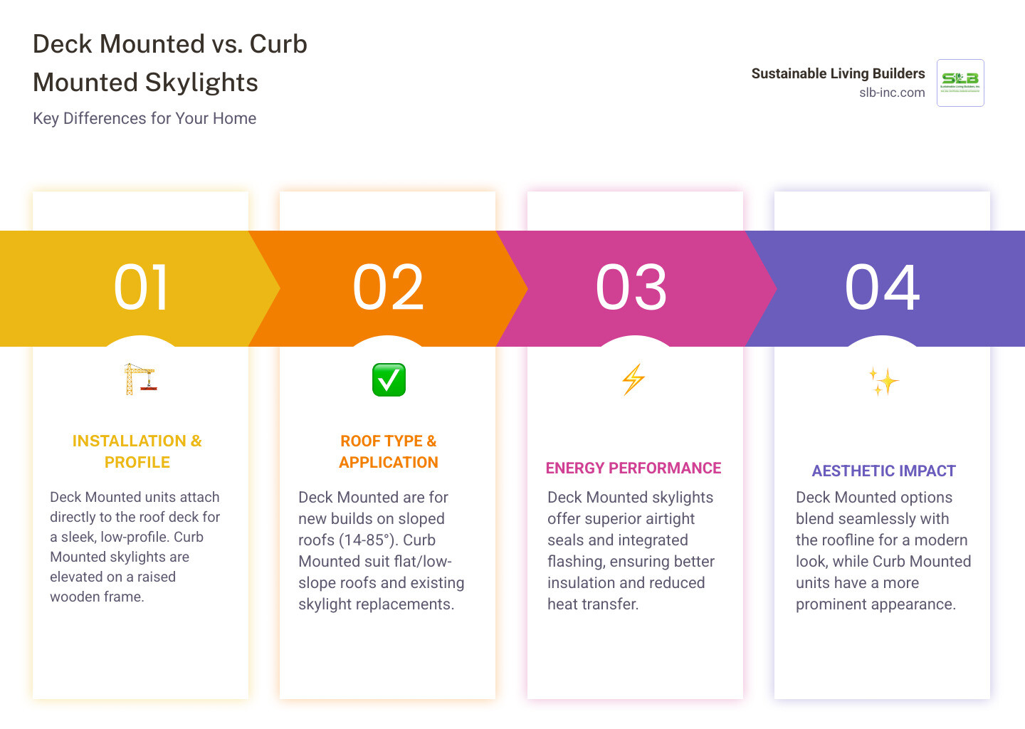 Infographic comparing deck mounted and curb mounted skylights side by side, showing deck mount with integrated frame sitting flush against roof deck creating low profile versus curb mount sitting elevated on wooden frame, with labels for roof pitch requirements, energy efficiency ratings, and typical applications - deck mounted skylight infographic pillar-4-steps