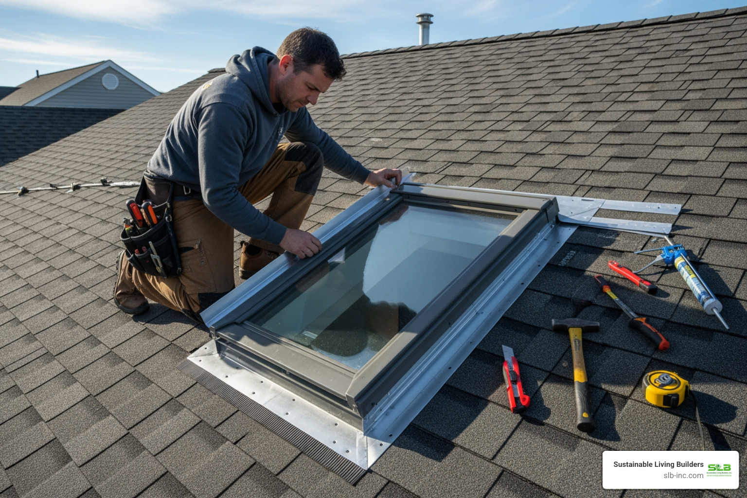 A skilled roofer carefully installing flashing around a newly installed deck mounted skylight on a residential roof - deck mounted skylight