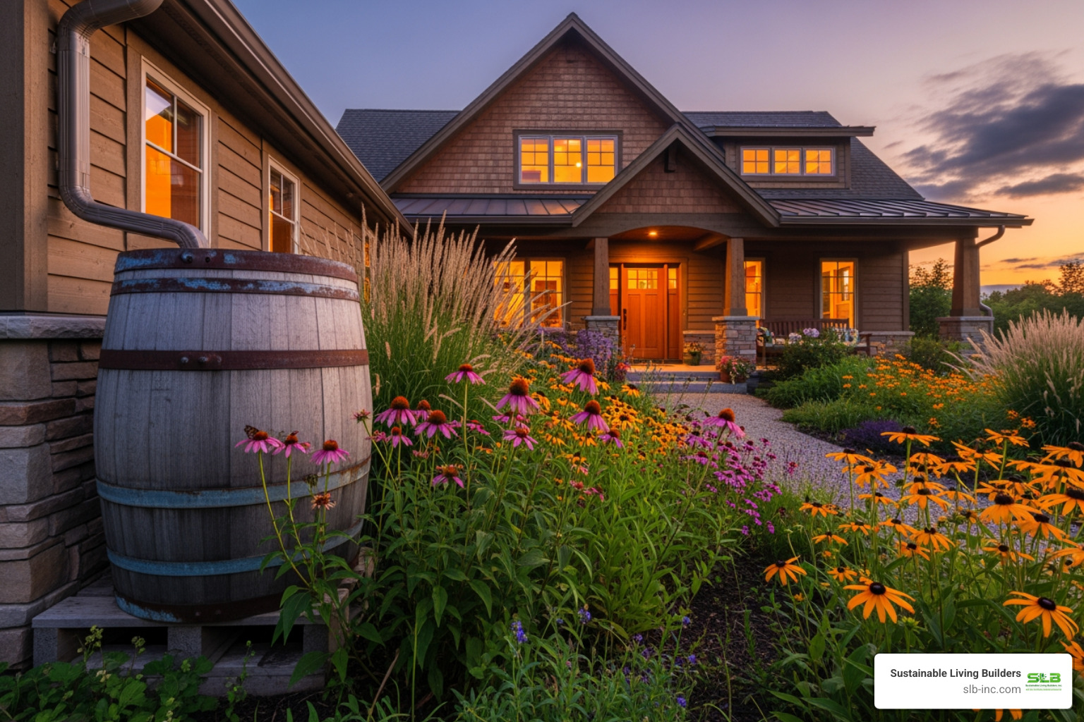 A home with a rainwater collection barrel and native plants - sustainable property solutions