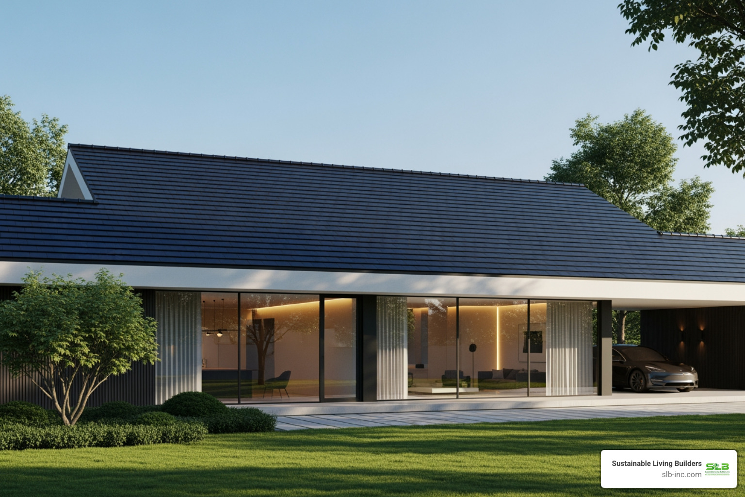A modern home with a Tesla Solar Roof - sustainable property solutions