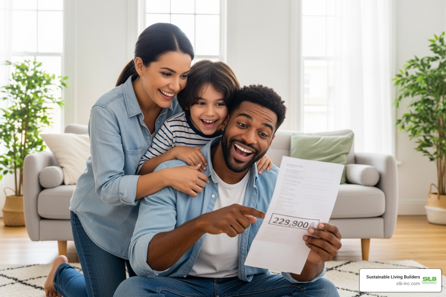 A family looking at their low electricity bill with smiles, suggesting satisfaction with their solar investment. - santa rosa solar installers A family looking at their low electricity bill with smiles, suggesting satisfaction with their solar investment. - santa rosa solar installers
