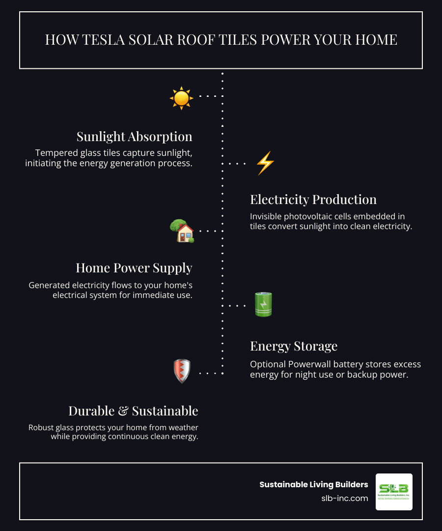 Infographic showing how Tesla Solar Roof tiles work: sunlight hits tempered glass tiles containing photovoltaic cells, generating electricity that flows to your home's electrical system and optional Powerwall battery for storage, providing clean energy day and night while the durable glass protects your home from weather - tesla glass tile infographic infographic-line-5-steps-dark