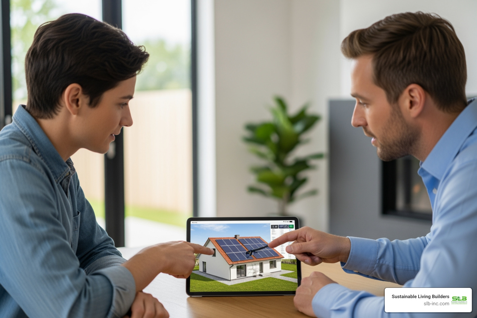 A homeowner reviewing a solar system design on a tablet with a solar installer, ensuring all details are perfect before installation. - santa rosa solar installers A homeowner reviewing a solar system design on a tablet with a solar installer, ensuring all details are perfect before installation. - santa rosa solar installers