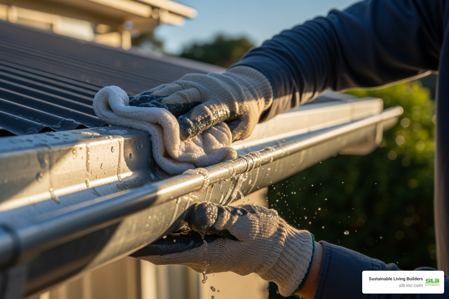 person wiping new gutter with cloth and vinegar solution - painting galvanized gutters