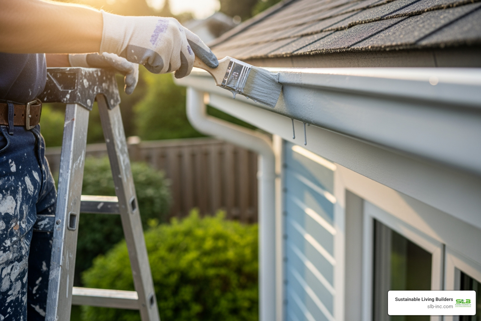 person applying final smooth coat of paint to gutter - painting galvanized gutters