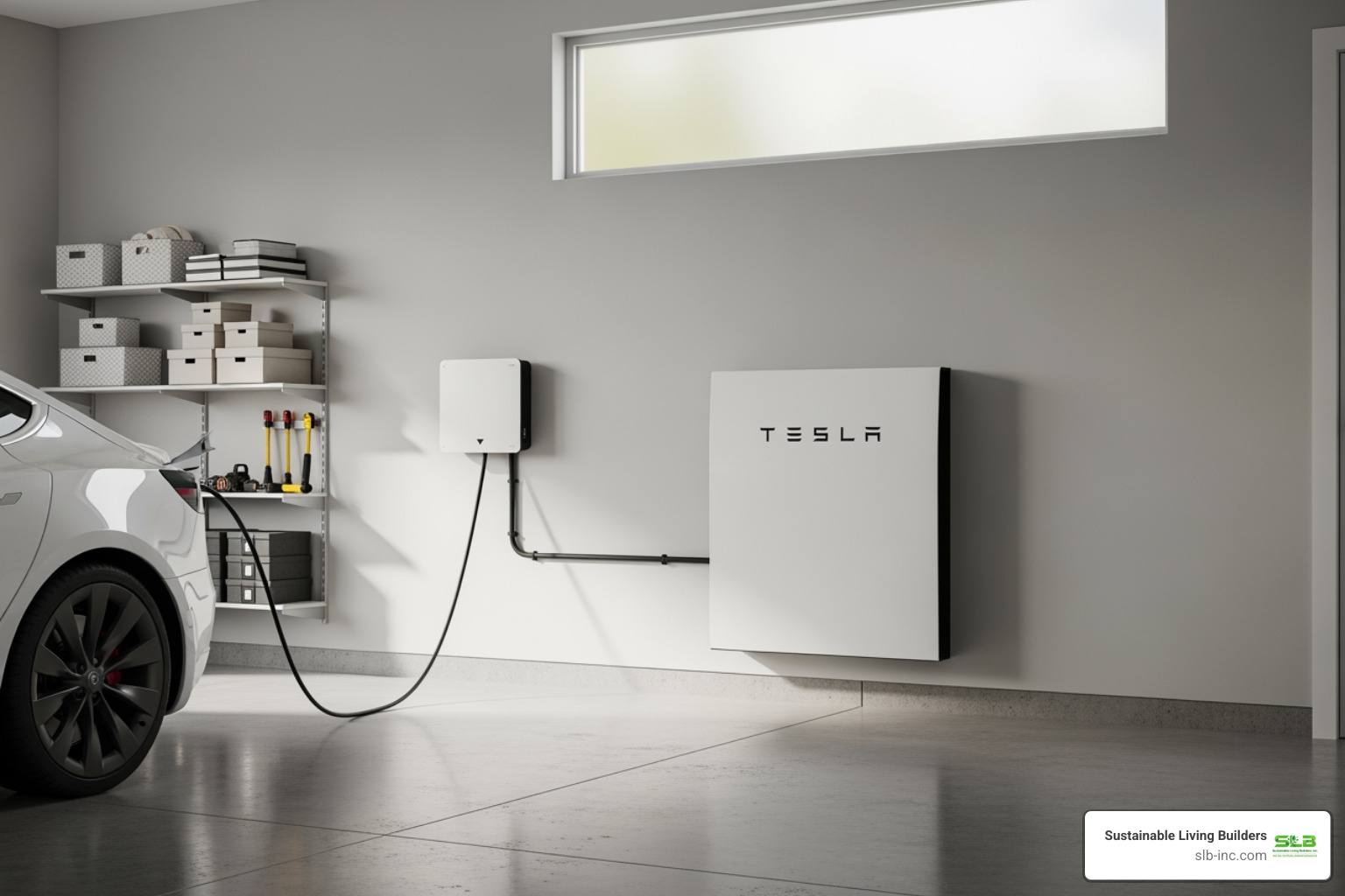 Tesla Powerwall battery installed in a modern garage - tesla glass tile