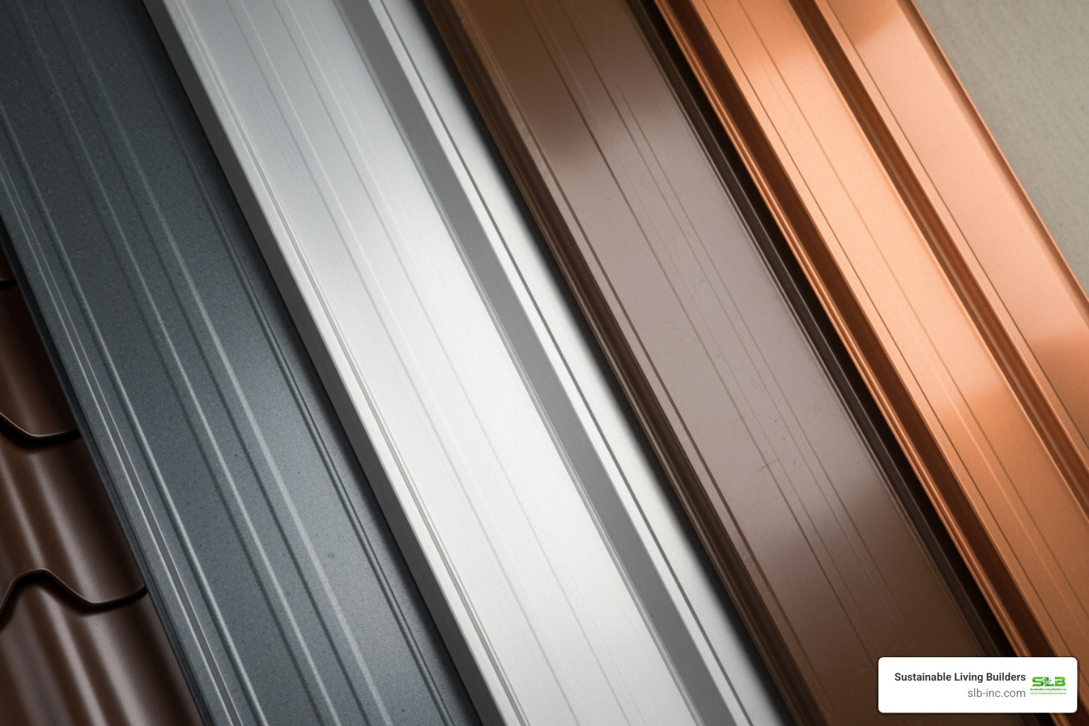 showing different metal roof types like steel, aluminum, and copper - recycled metal roofing