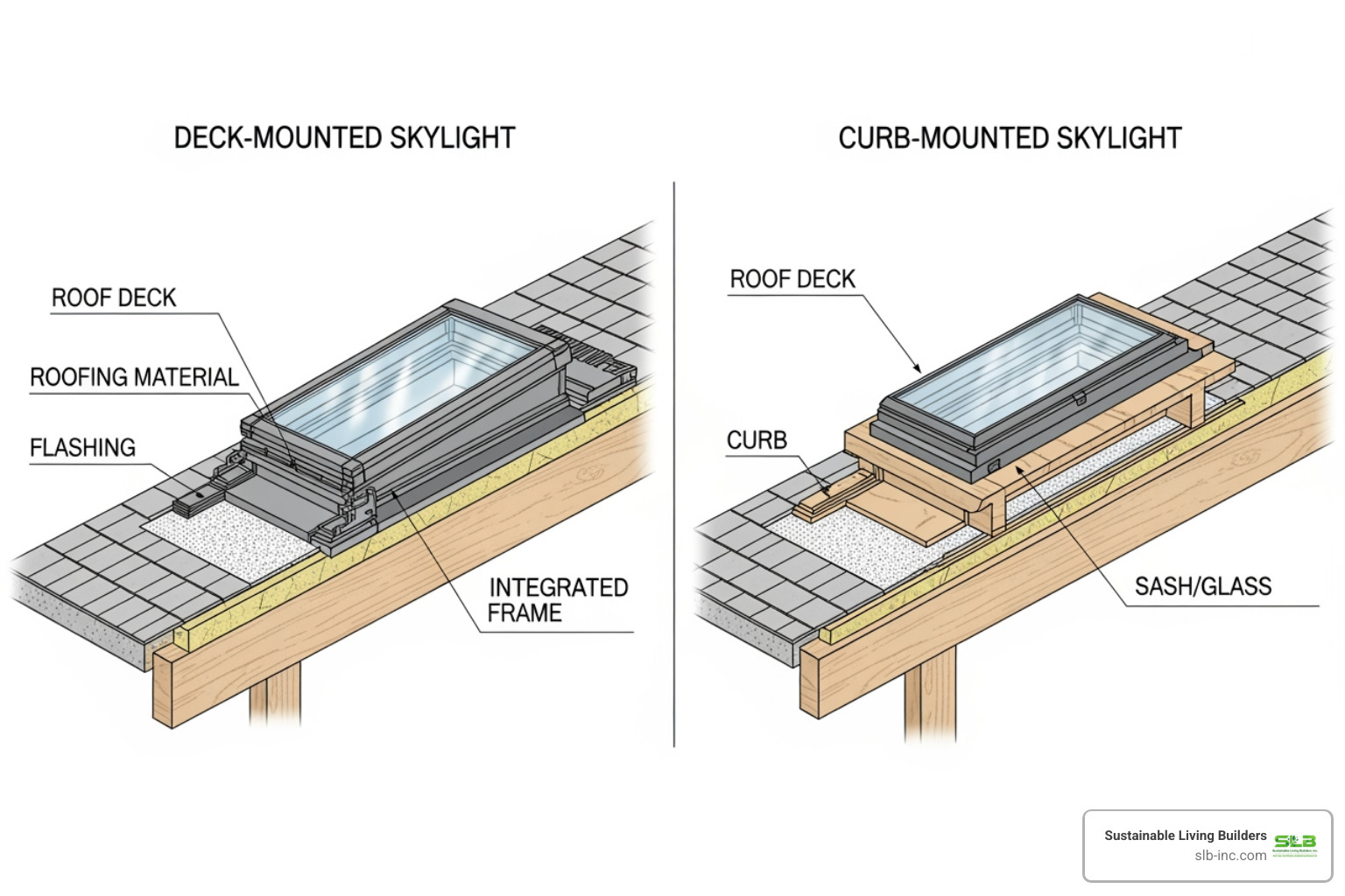 Cross-section diagram illustrating the installation differences between deck mounted and curb mounted skylights on a roof - deck mounted skylight