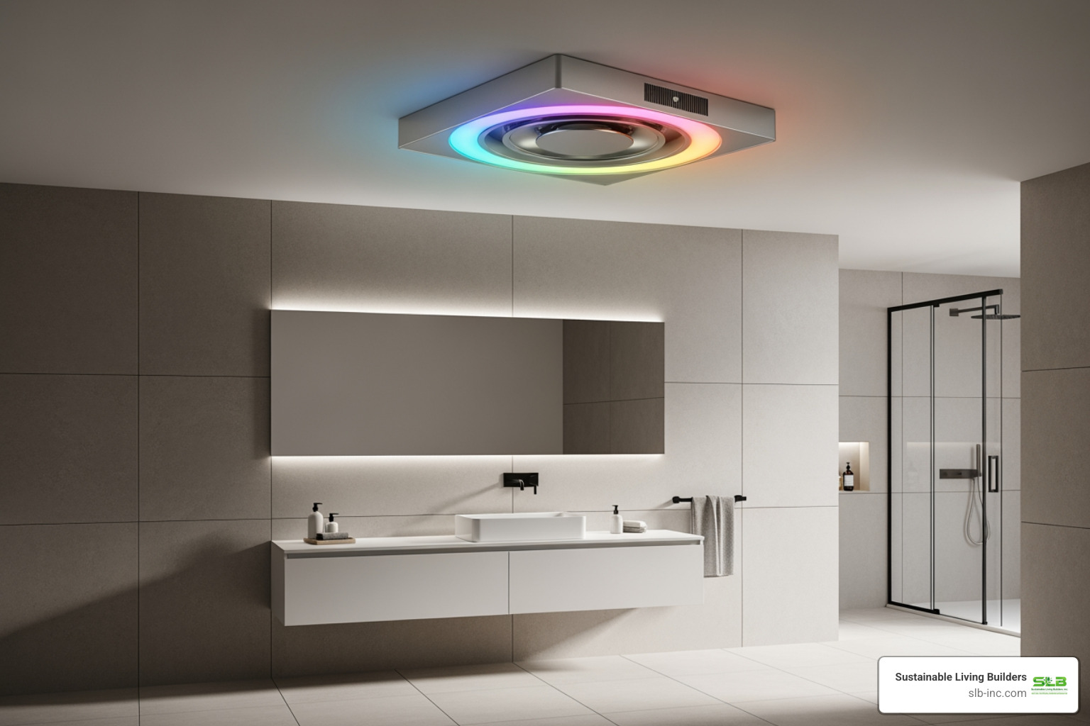 sleek modern integrated LED fan with multiple light settings displayed - bathroom skylight with exhaust fan