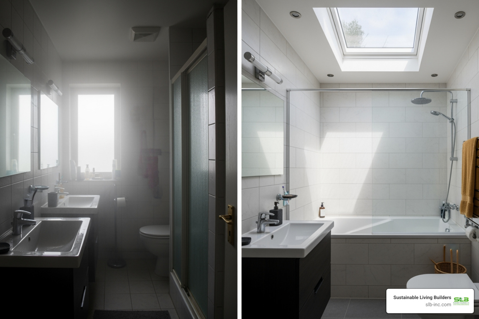 side-by-side comparison showing a foggy, dim bathroom versus a clear, brightly lit bathroom with a skylight - bathroom skylight with exhaust fan