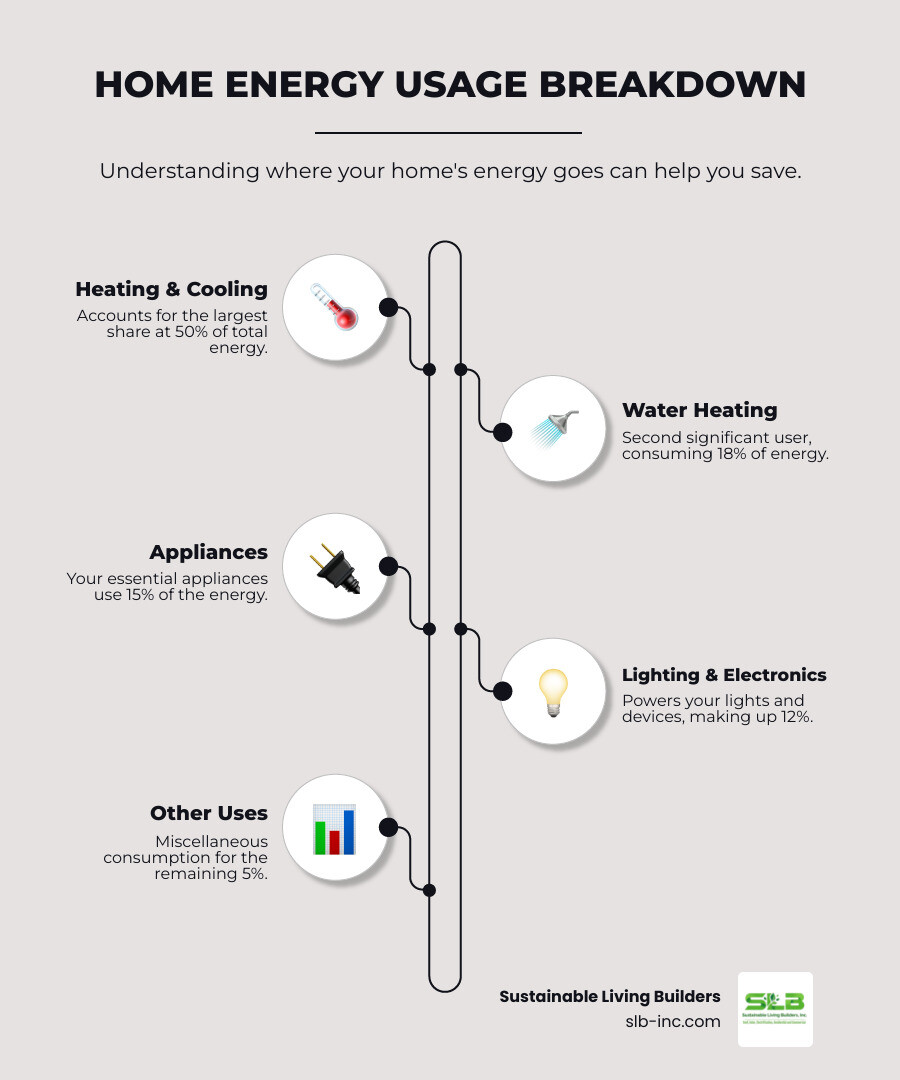 infographic showing home energy usage breakdown: 50% heating and cooling, 18% water heating, 15% appliances, 12% lighting and electronics, 5% other - increase home energy efficiency infographic infographic-line-5-steps-elegant_beige infographic showing home energy usage breakdown: 50% heating and cooling, 18% water heating, 15% appliances, 12% lighting and electronics, 5% other - increase home energy efficiency infographic infographic-line-5-steps-elegant_beige