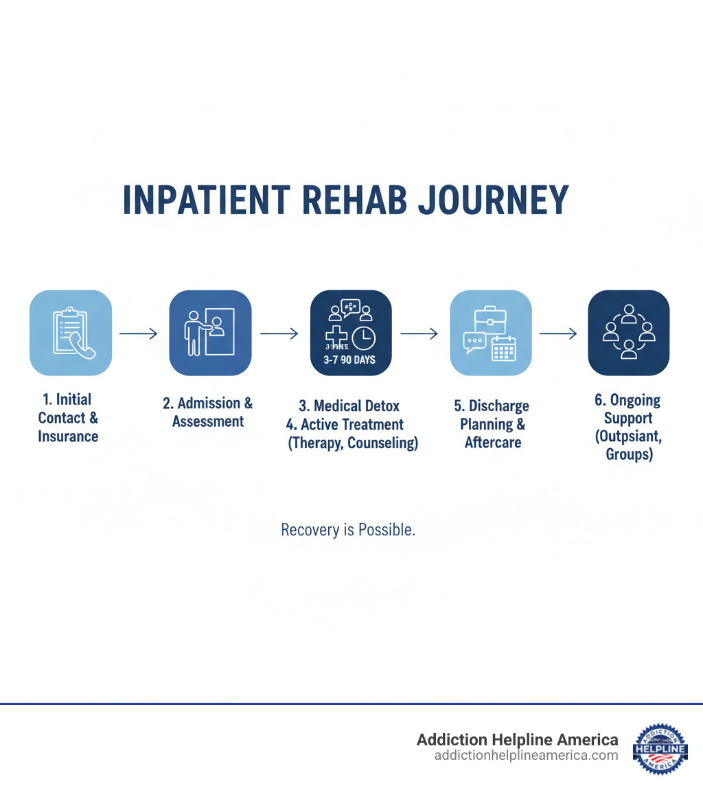 Infographic showing the typical inpatient rehab journey: Initial Contact and Insurance Verification → Admission and Assessment → Medical Detox (3-7 days) → Active Treatment Phase with daily therapy, counseling, and group sessions (30-90 days) → Discharge Planning and Aftercare → Ongoing Support through outpatient therapy and support groups - drug program inpatient infographic Infographic showing the typical inpatient rehab journey: Initial Contact and Insurance Verification → Admission and Assessment → Medical Detox (3-7 days) → Active Treatment Phase with daily therapy, counseling, and group sessions (30-90 days) → Discharge Planning and Aftercare → Ongoing Support through outpatient therapy and support groups - drug program inpatient infographic