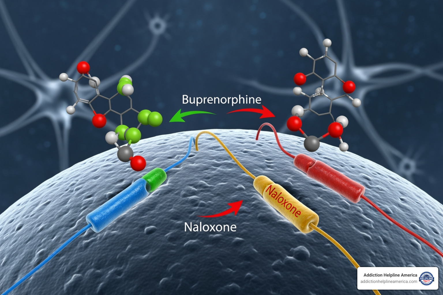 Illustration of Suboxone molecules interacting with brain opioid receptors - suboxone clinic near me Illustration of Suboxone molecules interacting with brain opioid receptors - suboxone clinic near me