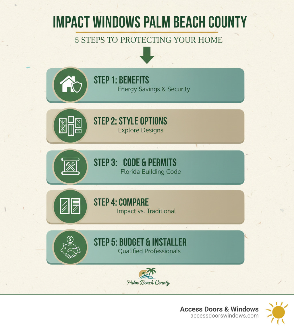 Infographic showing 5 steps for getting impact windows in Palm Beach County: Step 1 - Evaluate benefits beyond hurricane protection including energy savings and security; Step 2 - Explore window and door style options for your home; Step 3 - Understand Florida Building Code requirements and permitting; Step 4 - Compare impact windows versus traditional windows and shutters; Step 5 - Plan your budget and choose a qualified installer - impact windows palm beach county infographic 