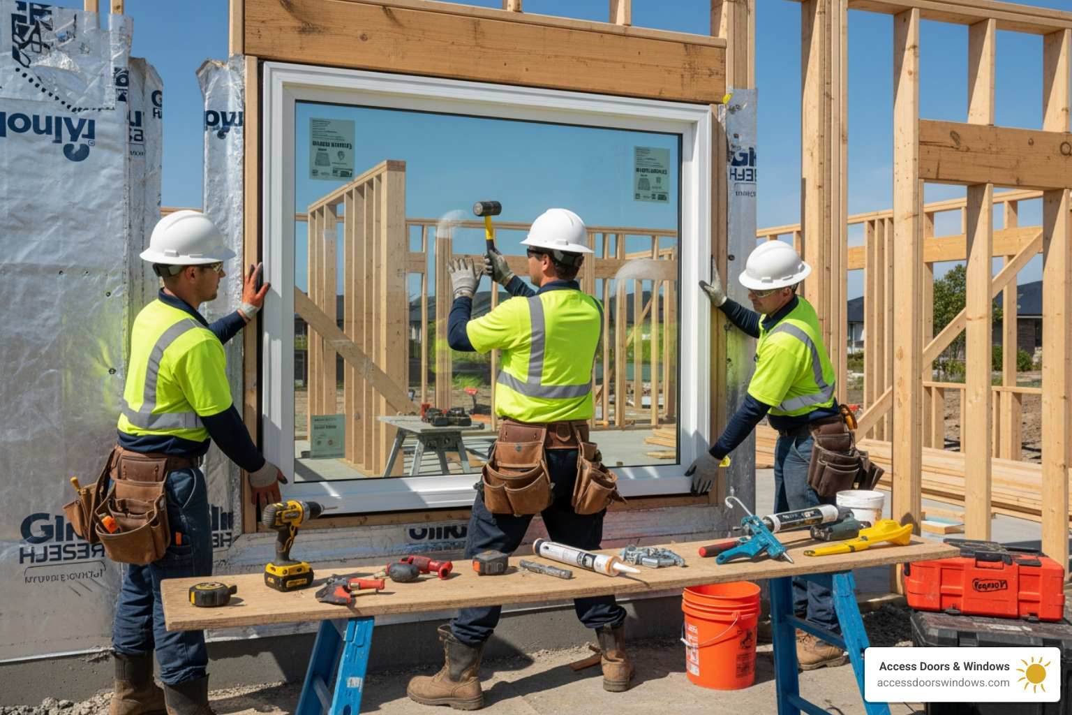 professional installation team carefully fitting a window - impact windows palm beach county