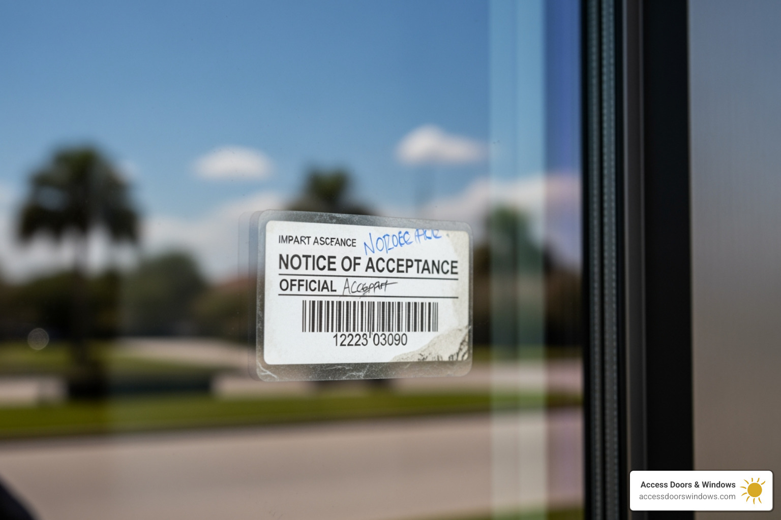 Notice of Acceptance sticker on a window - impact windows palm beach county