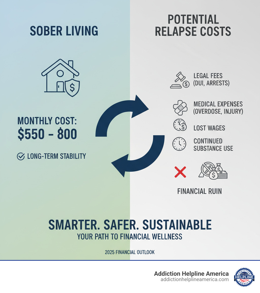 Infographic comparing the typical monthly cost of sober living ($550-$800) with the potential financial cost of a relapse, which could include legal fees (DUI, arrests), medical expenses (overdose, injury), lost wages, and continued substance use expenses, visually indicating that sober living is a more cost-effective long-term solution. - sober living pasadena infographic Infographic comparing the typical monthly cost of sober living ($550-$800) with the potential financial cost of a relapse, which could include legal fees (DUI, arrests), medical expenses (overdose, injury), lost wages, and continued substance use expenses, visually indicating that sober living is a more cost-effective long-term solution. - sober living pasadena infographic