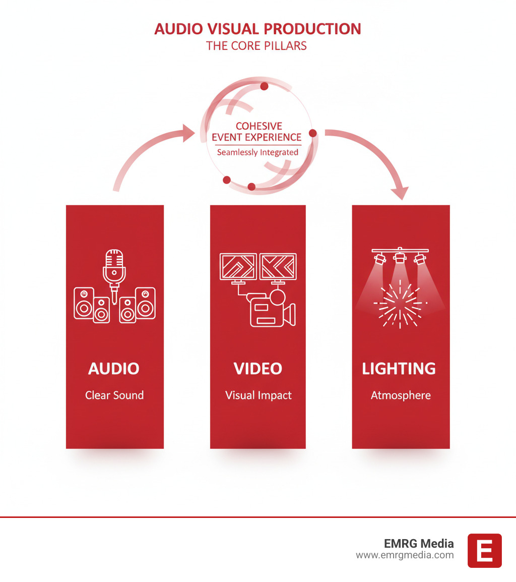 Infographic showing three pillars of audio visual production: Audio pillar with microphones and speakers for clear sound, Video pillar with LED screens and cameras for visual impact, and Lighting pillar with stage lights and effects for atmosphere, all connecting to create a cohesive event experience - audio visual production service infographic Infographic showing three pillars of audio visual production: Audio pillar with microphones and speakers for clear sound, Video pillar with LED screens and cameras for visual impact, and Lighting pillar with stage lights and effects for atmosphere, all connecting to create a cohesive event experience - audio visual production service infographic