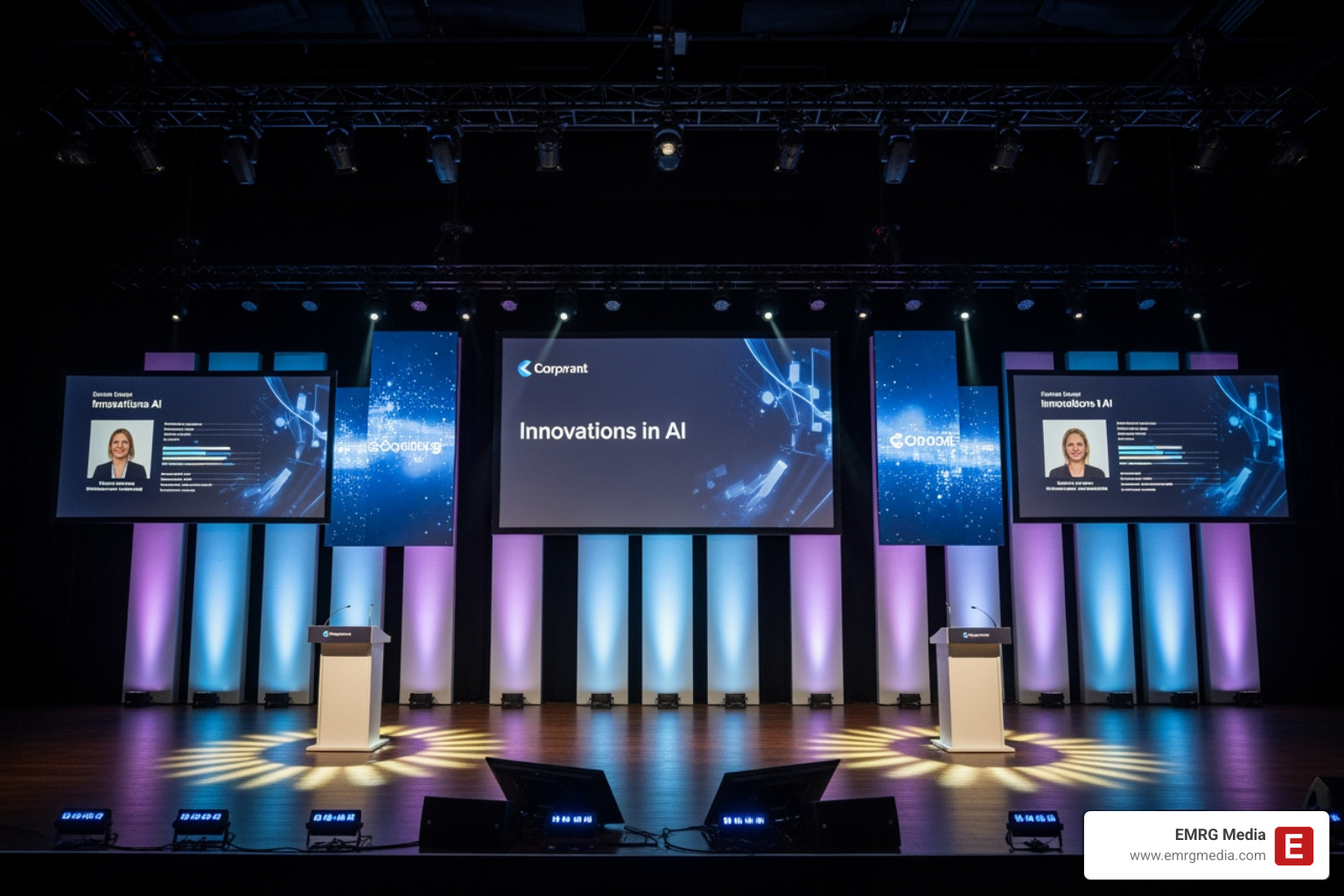 A professional conference stage with branded backdrops, multiple screens displaying presentations, and dynamic stage lighting. - audio visual production service A professional conference stage with branded backdrops, multiple screens displaying presentations, and dynamic stage lighting. - audio visual production service
