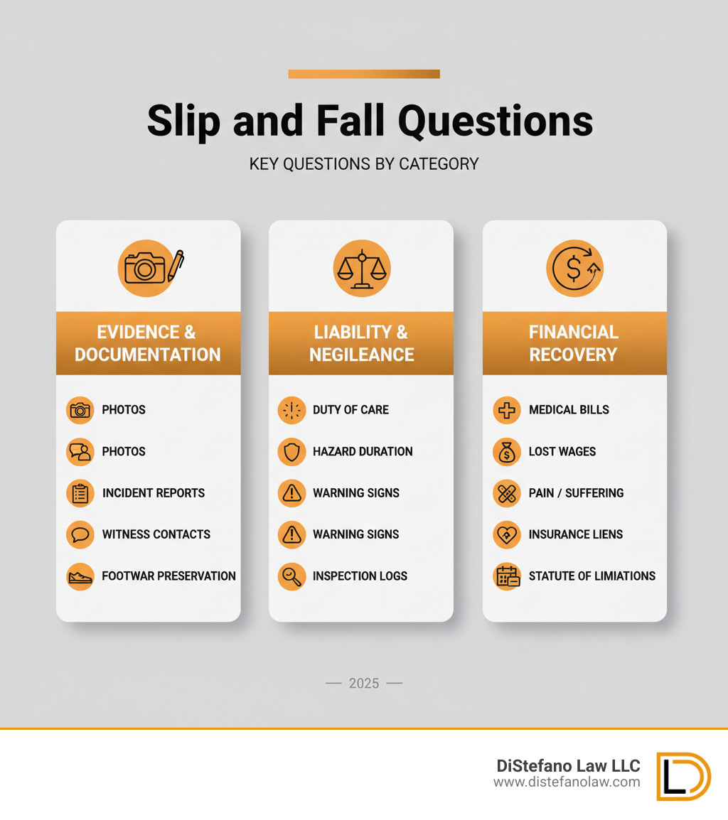 Infographic showing key slip and fall questions organized by category: Evidence & Documentation (photos, incident reports, witness contacts, footwear preservation), Liability & Negligence (duty of care, hazard duration, warning signs, inspection logs), and Financial Recovery (medical bills, lost wages, pain/suffering, insurance liens, statute of limitations deadlines) - Slip and fall questions infographic 