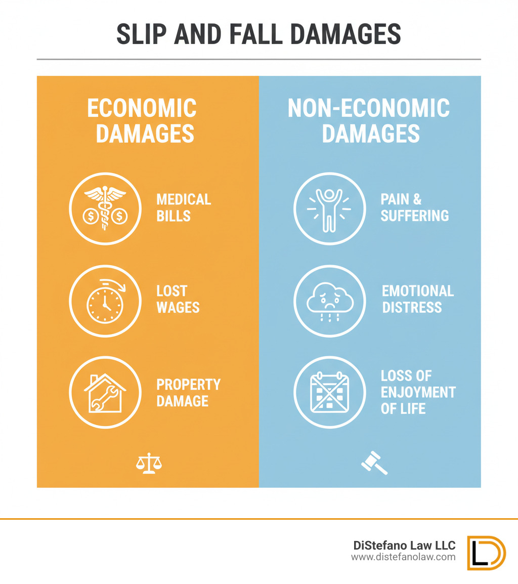 Infographic describing the difference between economic damages and non-economic damages in a slip and fall case. Economic damages include medical bills, lost wages, and property damage. Non-economic damages include pain and suffering, emotional distress, and loss of enjoyment of life. - Slip and fall questions infographic 