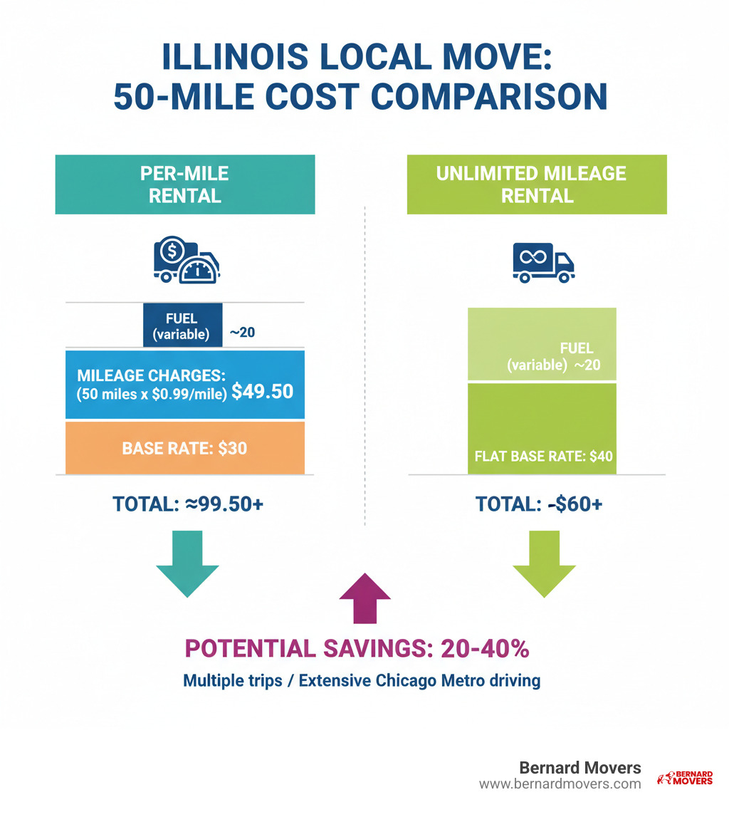 Infographic comparing total costs for a typical 50-mile local move in Illinois: Per-Mile Rental shows base rate plus mileage charges totaling higher cost, while Unlimited Mileage Rental shows flat base rate with fuel as only variable cost, resulting in potential savings of 20-40% for moves requiring multiple trips or extensive driving within the Chicago metro area - local truck rental with unlimited mileage infographic 