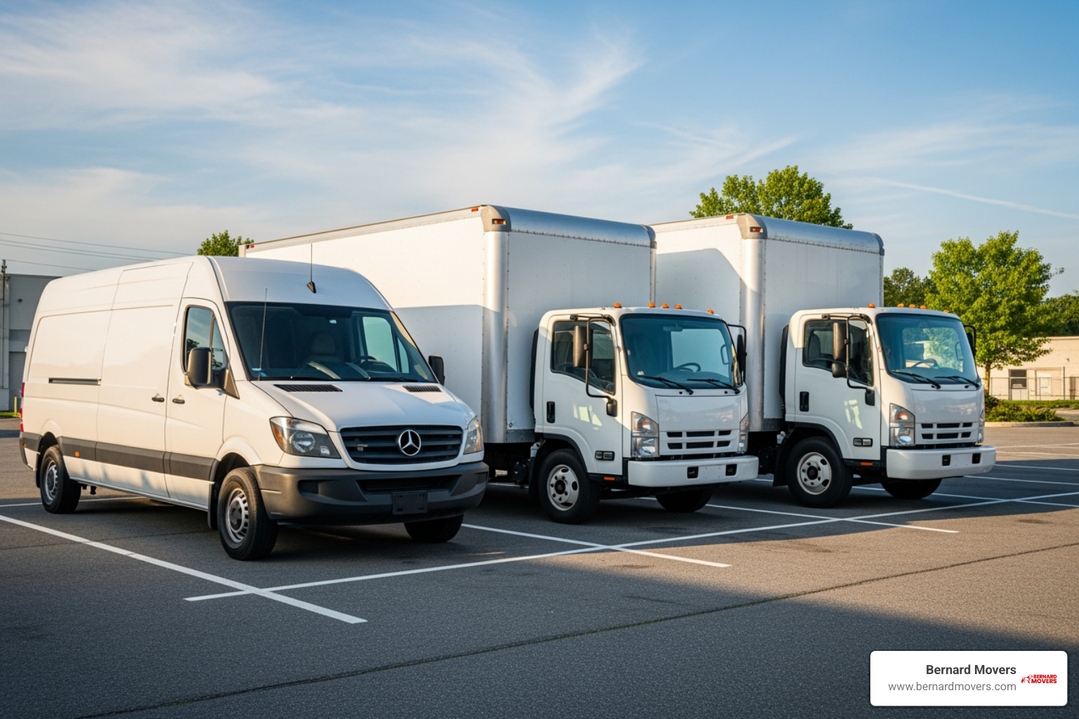 A lineup of different moving truck sizes including a cargo van, a 12-foot box truck, and a larger 26-foot box truck - local truck rental with unlimited mileage