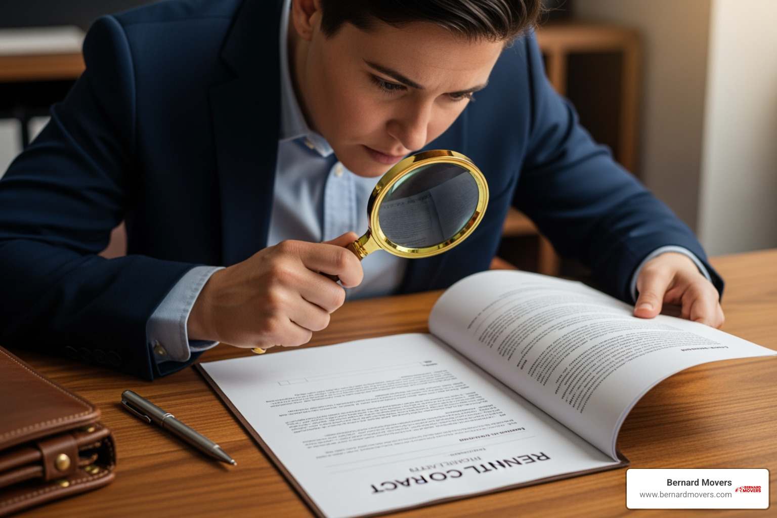 A person reviewing a rental contract with a magnifying glass - local truck rental with unlimited mileage