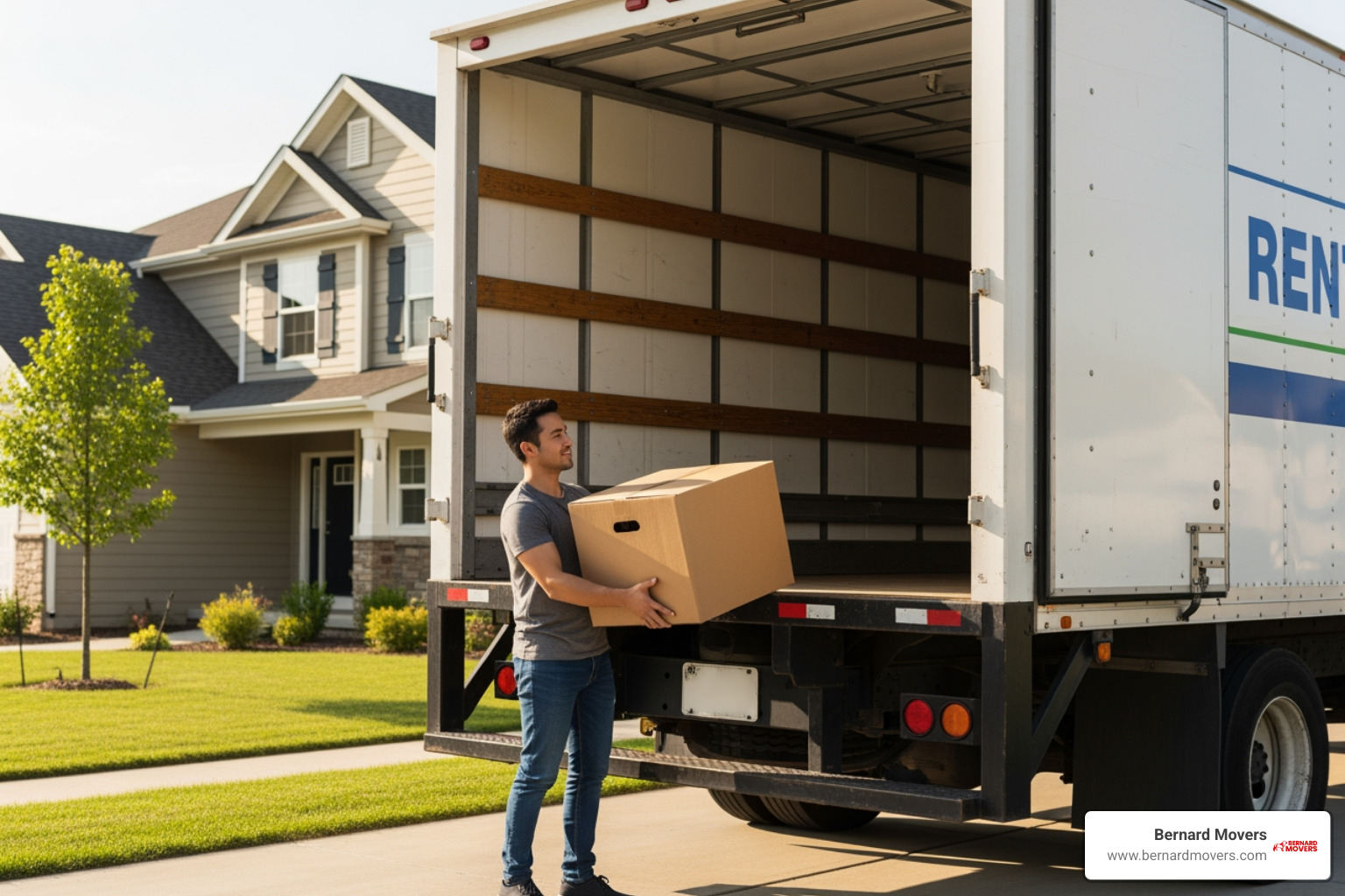 A person easily loading a box into the back of a moving truck - local truck rental with unlimited mileage