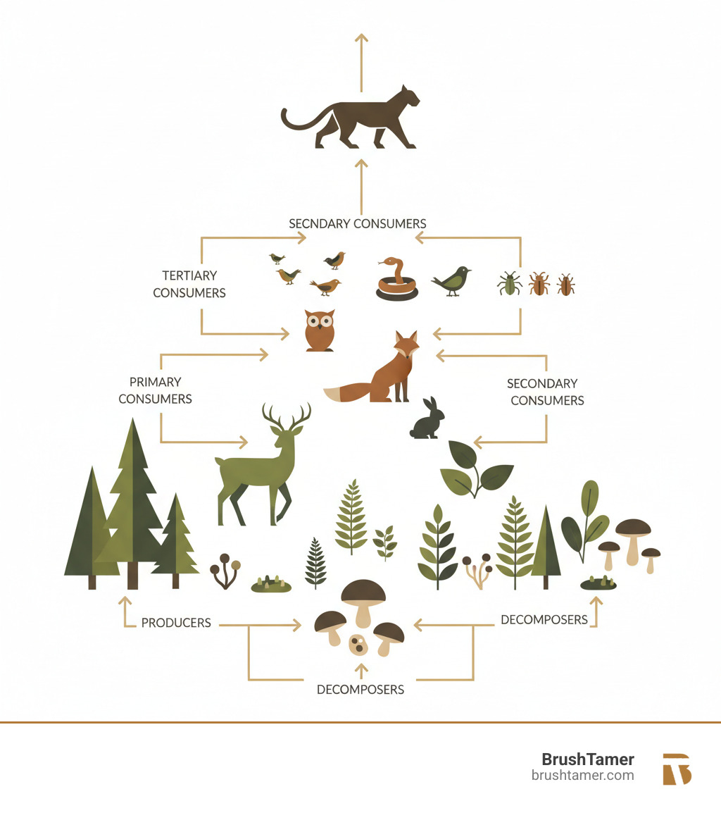 Illustration of a forest food web, from producers to decomposers - forestry and wildlife management