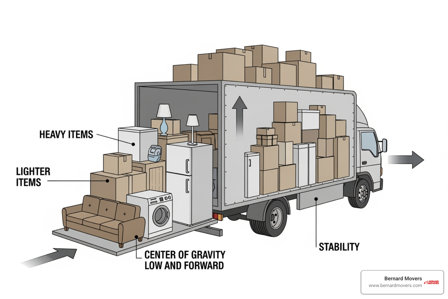 diagram showing proper weight distribution in a moving truck - local moving truck rental near me
