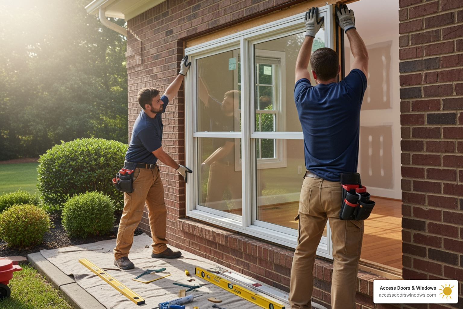 Professional installers carefully placing a new window into a wall opening, demonstrating precision and care - window install near me