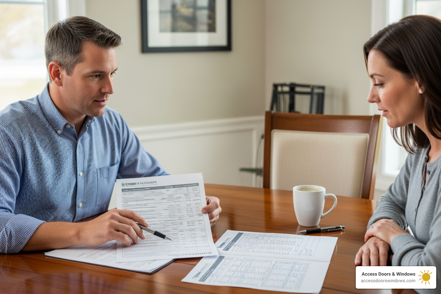 A homeowner reviewing a window installation quote with a contractor, highlighting the detailed discussion of costs - window install near me