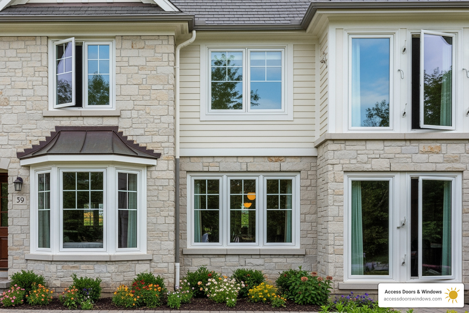 A home exterior showcasing a variety of window styles including double-hung, casement, and bay windows - window install near me