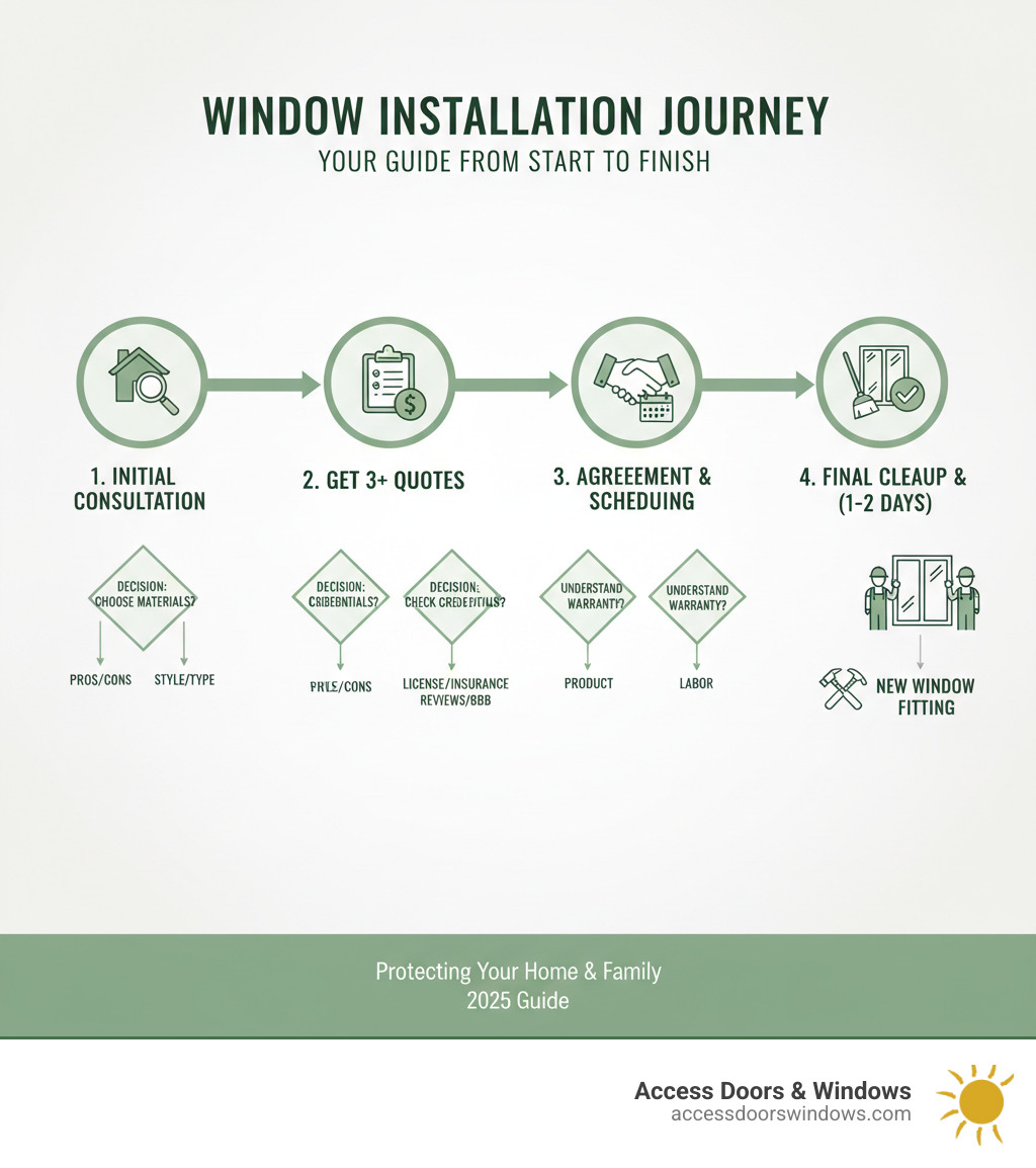 Infographic showing the complete window installation process from initial consultation through final cleanup, including key decision points like choosing materials, getting quotes, checking credentials, and understanding warranties - window install near me infographic 