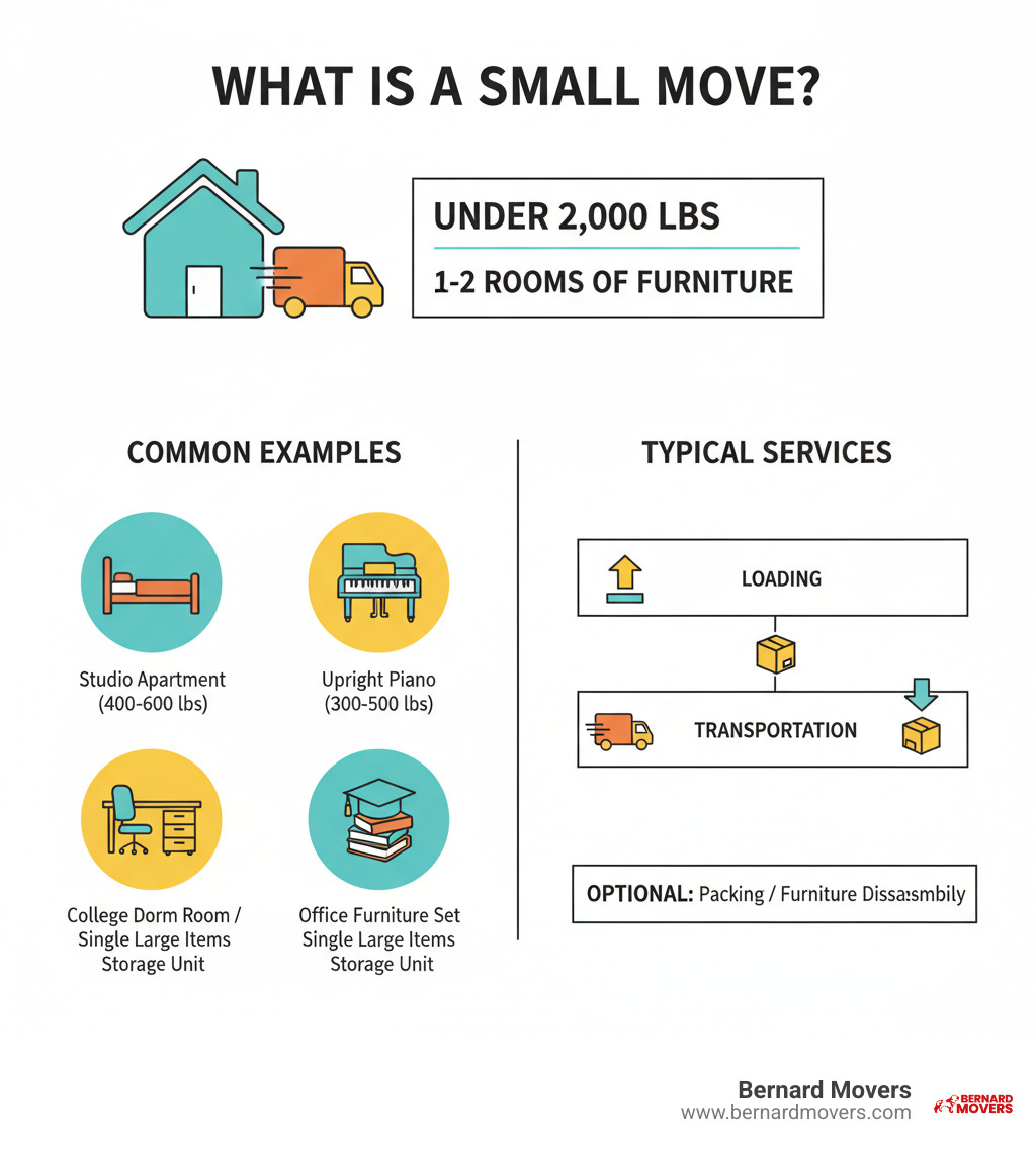 Infographic showing the definition of a small move: under 2,000 pounds or approximately 1-2 rooms of furniture, including common examples like studio apartments (400-600 pounds), upright pianos (300-500 pounds), office furniture sets (250-400 pounds), college dorm rooms, single large items, and storage unit moves, with a breakdown of typical services included such as loading, transportation, unloading, and optional packing or furniture disassembly - local moving companies for small moves infographic 