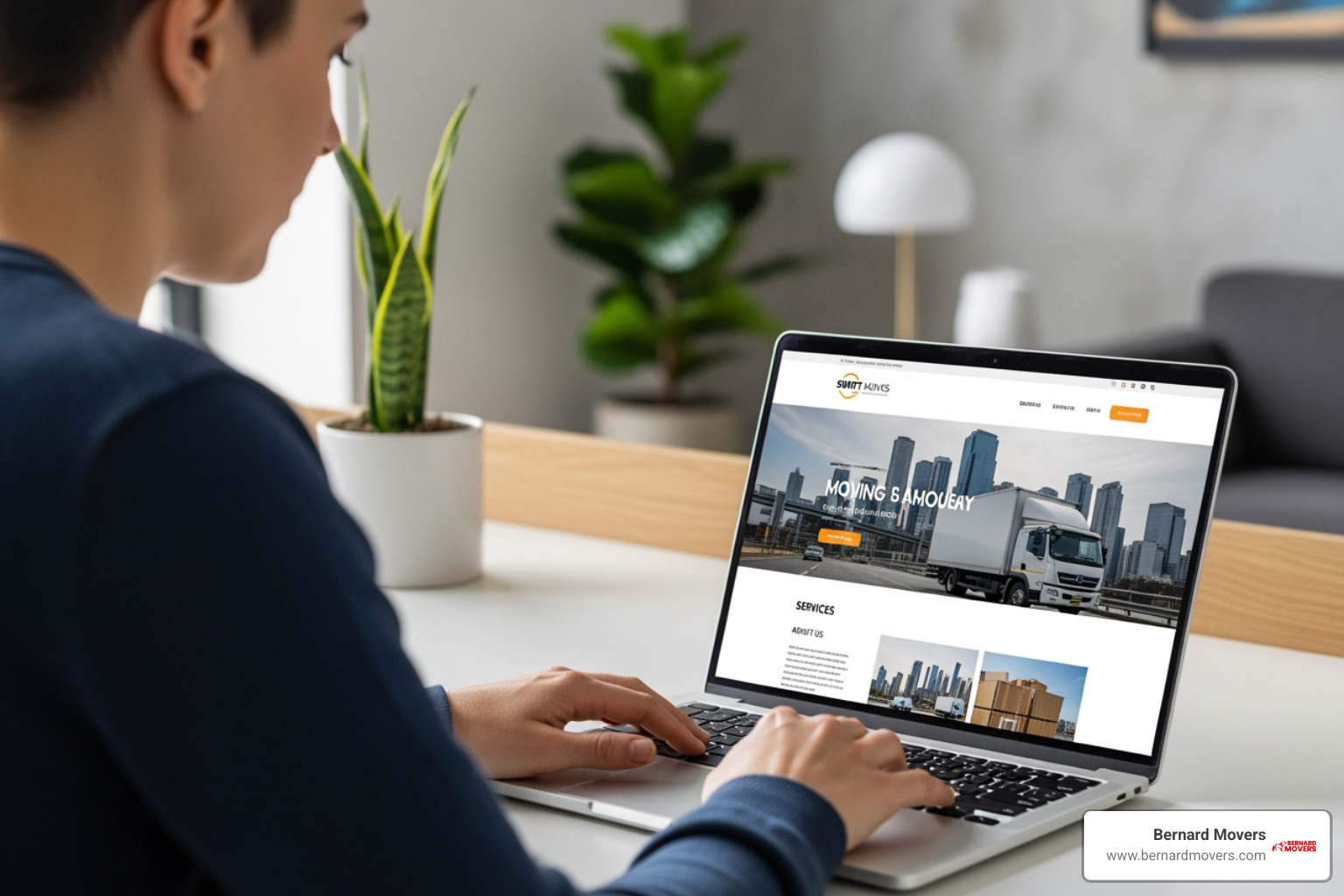Person on a laptop looking at Bernard Movers' website - local moving companies for small moves