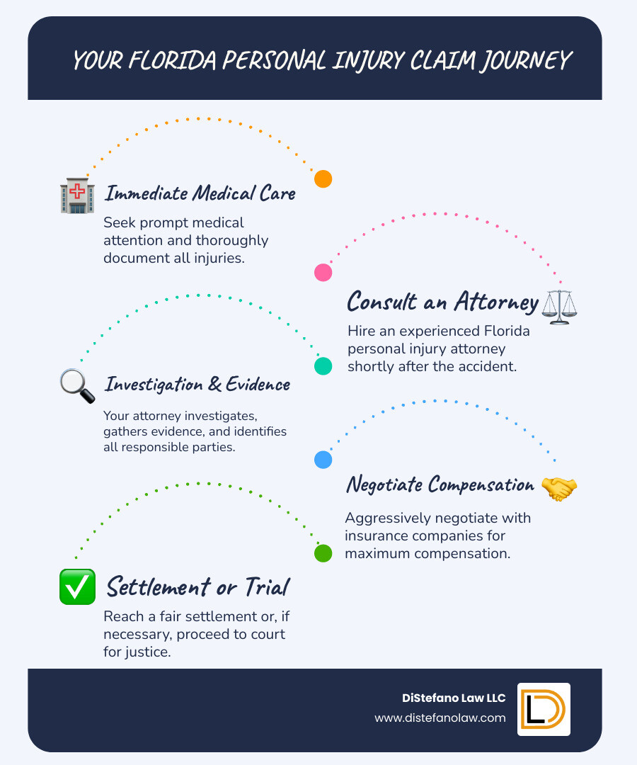 Infographic showing the 5 essential steps in a Florida personal injury claim: Step 1 - Seek immediate medical care and document your injuries; Step 2 - Hire an experienced Florida personal injury attorney within days of the accident; Step 3 - Attorney investigates the accident, gathers evidence, and identifies all liable parties; Step 4 - Negotiate with insurance companies for maximum compensation; Step 5 - Accept fair settlement or file lawsuit and proceed to trial if necessary. Timeline notation: Most cases resolve in 6-18 months, though complex cases may take longer. - florida personal injury attorney infographic infographic-line-5-steps-blues-accent_colors Infographic showing the 5 essential steps in a Florida personal injury claim: Step 1 - Seek immediate medical care and document your injuries; Step 2 - Hire an experienced Florida personal injury attorney within days of the accident; Step 3 - Attorney investigates the accident, gathers evidence, and identifies all liable parties; Step 4 - Negotiate with insurance companies for maximum compensation; Step 5 - Accept fair settlement or file lawsuit and proceed to trial if necessary. Timeline notation: Most cases resolve in 6-18 months, though complex cases may take longer. - florida personal injury attorney infographic infographic-line-5-steps-blues-accent_colors