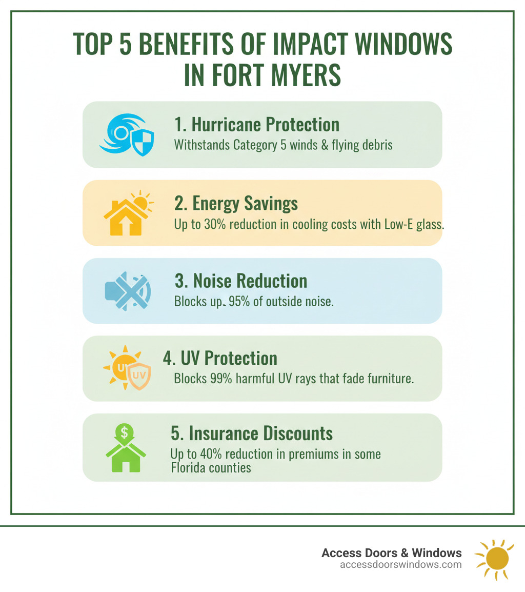 Infographic showing the top 5 benefits of impact windows in Fort Myers: 1. Hurricane Protection - withstands Category 5 winds and flying debris, 2. Energy Savings - up to 30% reduction in cooling costs with Low-E glass, 3. Noise Reduction - blocks up to 95% of outside noise, 4. UV Protection - blocks 99% of harmful UV rays that fade furniture, 5. Insurance Discounts - up to 40% reduction in premiums in some Florida counties - storm windows fort myers infographic 