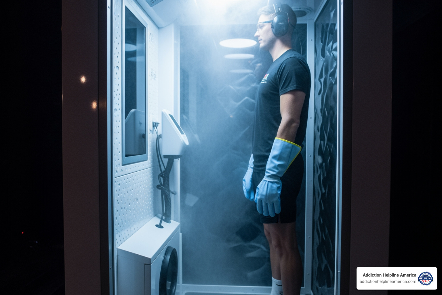 interior of a cryotherapy pod and a person wearing protective gear - cryotherapy for depression interior of a cryotherapy pod and a person wearing protective gear - cryotherapy for depression